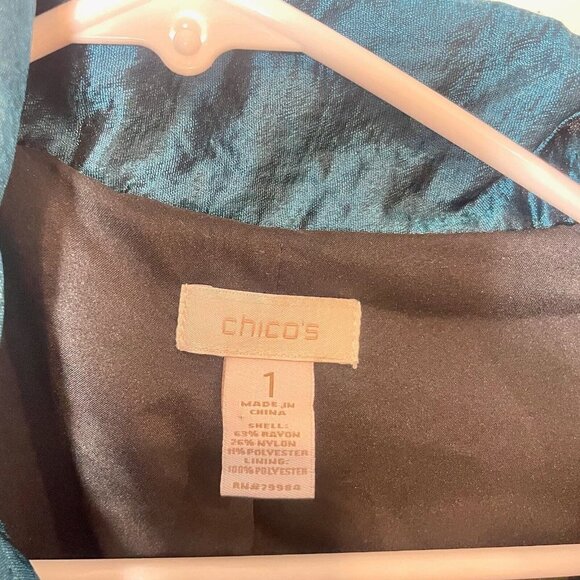 Chico's Lustrous Shine Sindy Blazer Jacket Womens M Teal Blue Button Up Collared - Picture 5 of 9